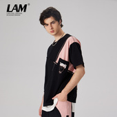 圆领T恤潮街头半袖 LAMLICKA国潮拼接撞色小熊短袖 男夏季 上衣宽松