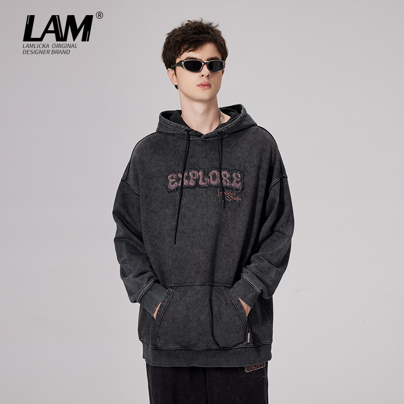 LAMLICKA国潮熊猫印花连帽卫衣男套头字母纯棉廓形休闲潮帽衫宽松