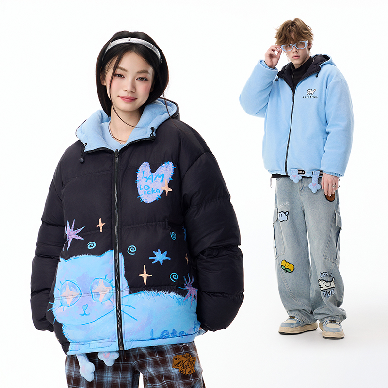 LAMLICKA撞色小猫连帽短款羽绒服