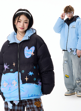 LAMLICKA蓝色双面穿轻薄短款羽绒服冬季保暖加厚潮牌宽松连帽外套