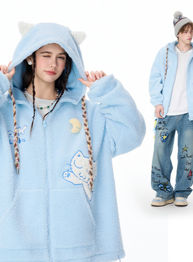 LAMLICKA周深同款蓝色保暖羊羔毛棉服外套男冬季加厚宽松连帽夹克