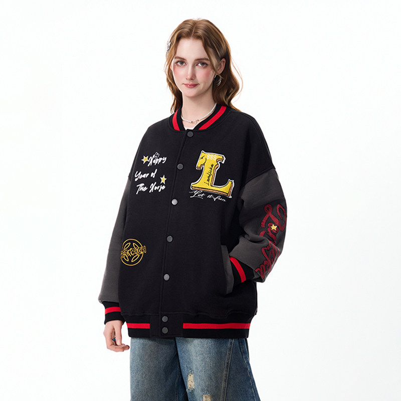 LAMLICKA潮牌美式黑色刺绣棒球服外套男春秋宽松立领飞行夹克女