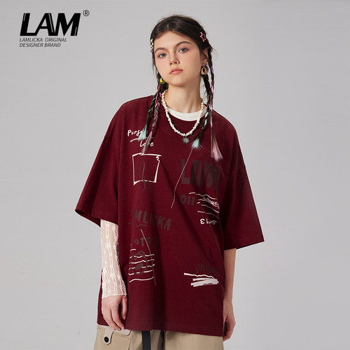 LAMLICKA美式复古大红色圆领短袖