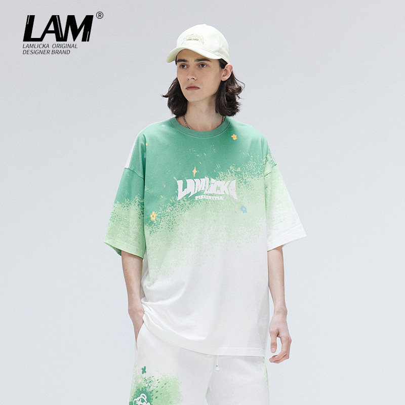 LAMLICKA渐变扎染薄荷绿小众短袖T恤男潮牌纯棉夏季情侣半袖上衣