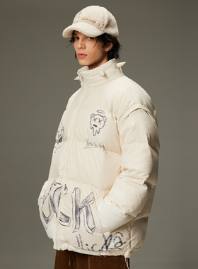 LAMLICKA潮牌尖刺立领90绒面包羽绒服男冬季新款印花保暖加厚外套