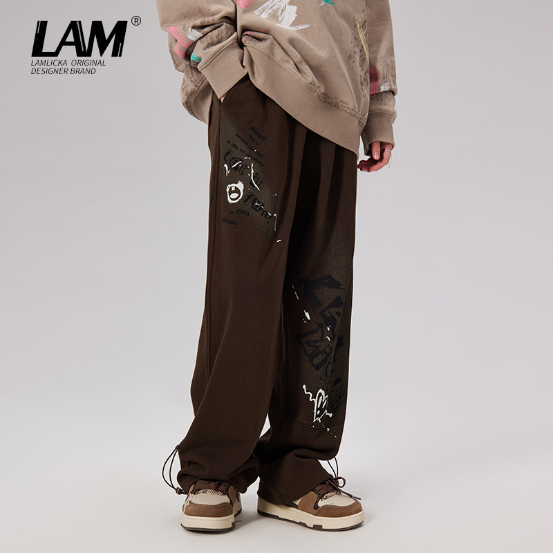 LAMLICKA涂鸦字母印花卫裤男春秋直筒阔腿裤抽绳休闲运动长裤宽松