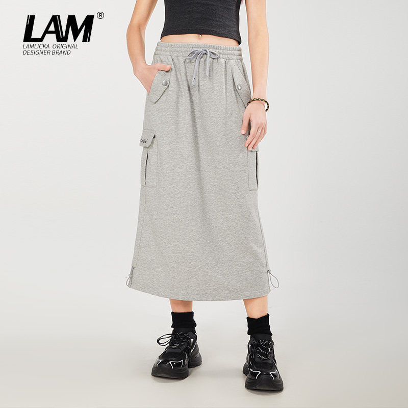 LAMLICKA国潮夏季刺绣灰色A字半身裙潮女百搭显瘦中长款口袋裙子
