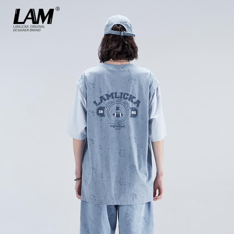 LAMLICKA卡通满印花撞色拼接短袖