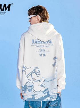 LAMLICKA冬季兔子卡通印花加绒加厚连帽卫衣男女中性风情侣套头衫