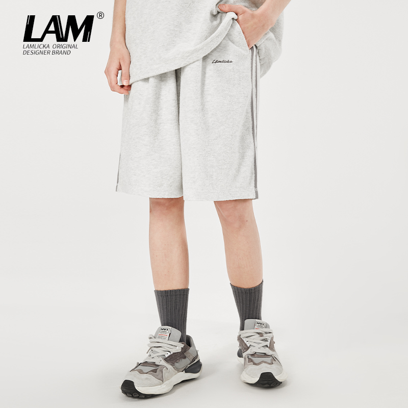 LAMLICKA夏季松紧直筒休闲五分短裤灰色宽松运动抽绳纯棉卫裤男
