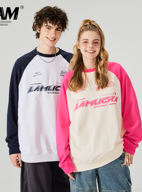 lamlicka LAM日系复古拼色插肩袖长袖圆领T恤男女春季新款情侣装