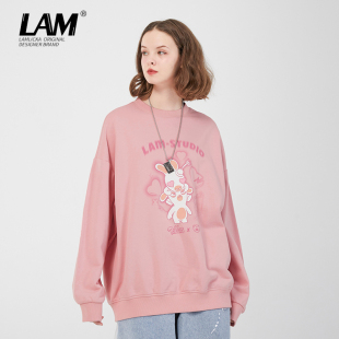 LAMLICKA廓形潮牌兔子粉色卫衣女国潮春秋季 纯棉运动休闲圆领上衣