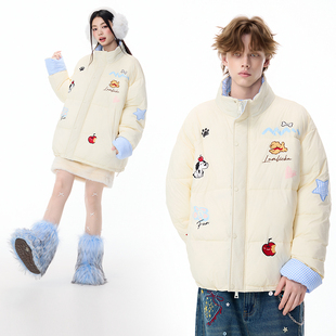 LAMLICKA杏色拼接加厚短款羽绒服男秋冬防寒保暖潮牌宽松立领外套