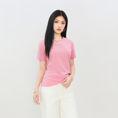 百搭小熊印花短袖粉色T恤女