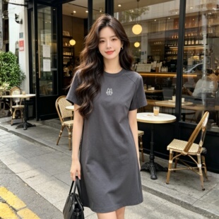 专柜正品哥家阿玛家新款百搭洋气高级感圆领短袖连衣裙女1500529