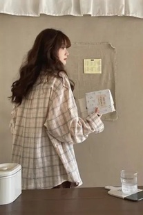 纯棉格子长袖衬衫女宽松早秋新款韩系少女开衫衬衣防晒春夏外套