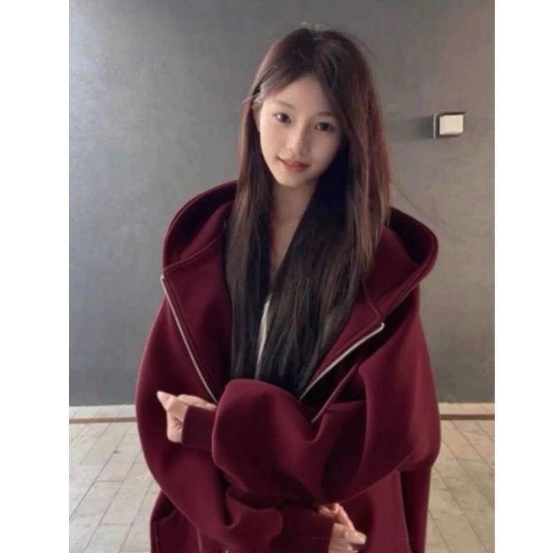 巨显白枣红色银狐绒卫衣连帽外套