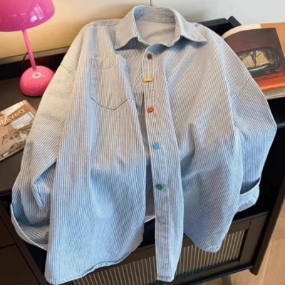 蓝色条纹长袖衬衫女春季上衣2025年新款爆款开春法式气质衬衣外套