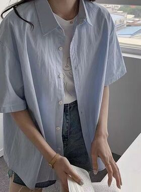 100%棉 夏季蓝色纯棉短袖衬衫女2026年新款宽松休闲叠穿情侣上衣