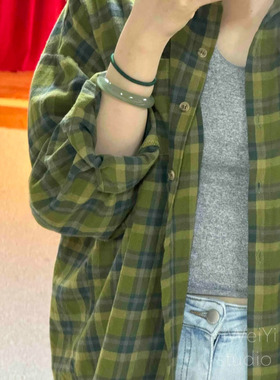 纯棉绿色格子衬衫女2025新款小个子衬衣外搭开衫宽松慵懒防晒上衣