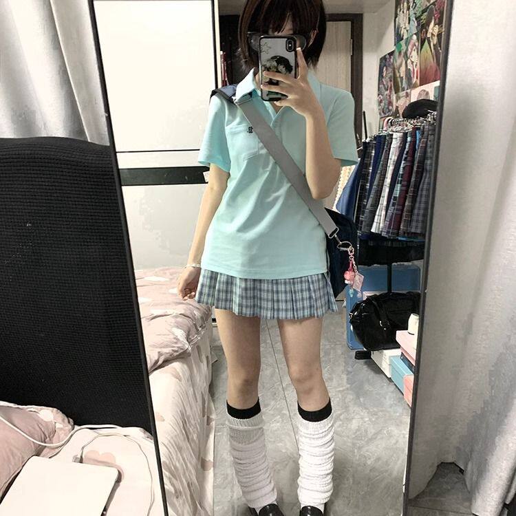 JK制服夏季女款蓝色POLO衫修身设计日系短袖T恤上衣休闲简约通勤
