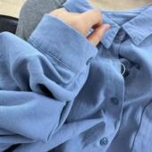 100%棉蓝色纯棉衬衫 女小清新宽松百搭显瘦通勤小个子衬衣外套上衣