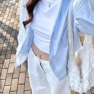 女外穿衬衣外套防晒 极简风蓝色正肩纯棉薄款 衬衫 长袖 上衣法式