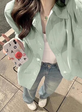 多巴胺春夏季女装新款浅绿色纯棉长袖衬衫女宽松休闲薄款防晒外套