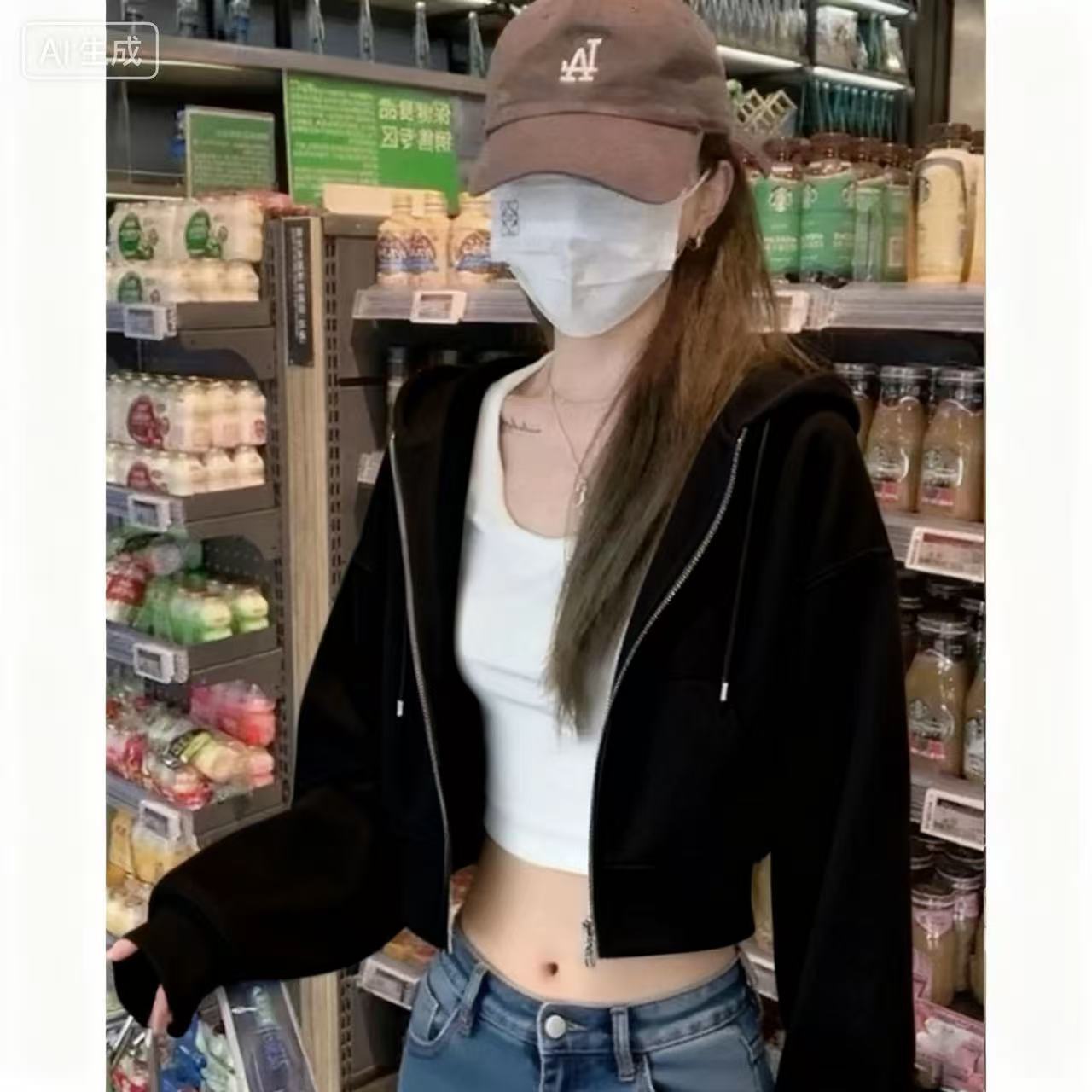 黑色短款卫衣女秋冬连帽修身收腰
