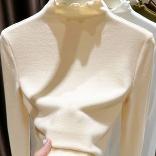 加厚磨毛德绒半高领打底衫女秋冬2025新款保暖内搭木耳边长袖上衣