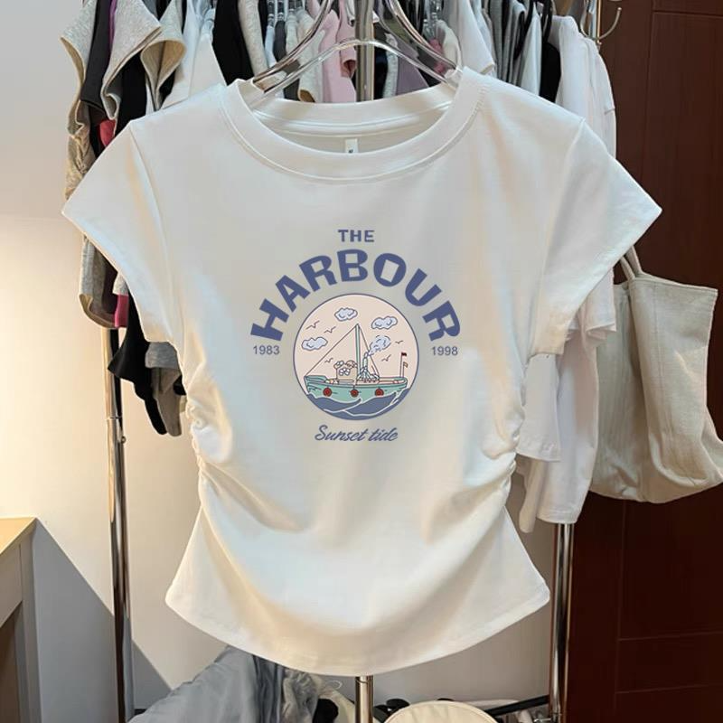 品牌剪标撤柜褶皱短款短袖T恤女