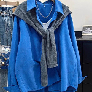 高级感轻奢减龄洋气100%纯棉蓝色衬衫内搭叠穿上衣长袖衬衣薄外套