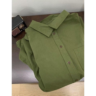小个子开衫 女春秋2025新款 设计感纯棉宽松防晒衬衣 衬衫 绿色长袖