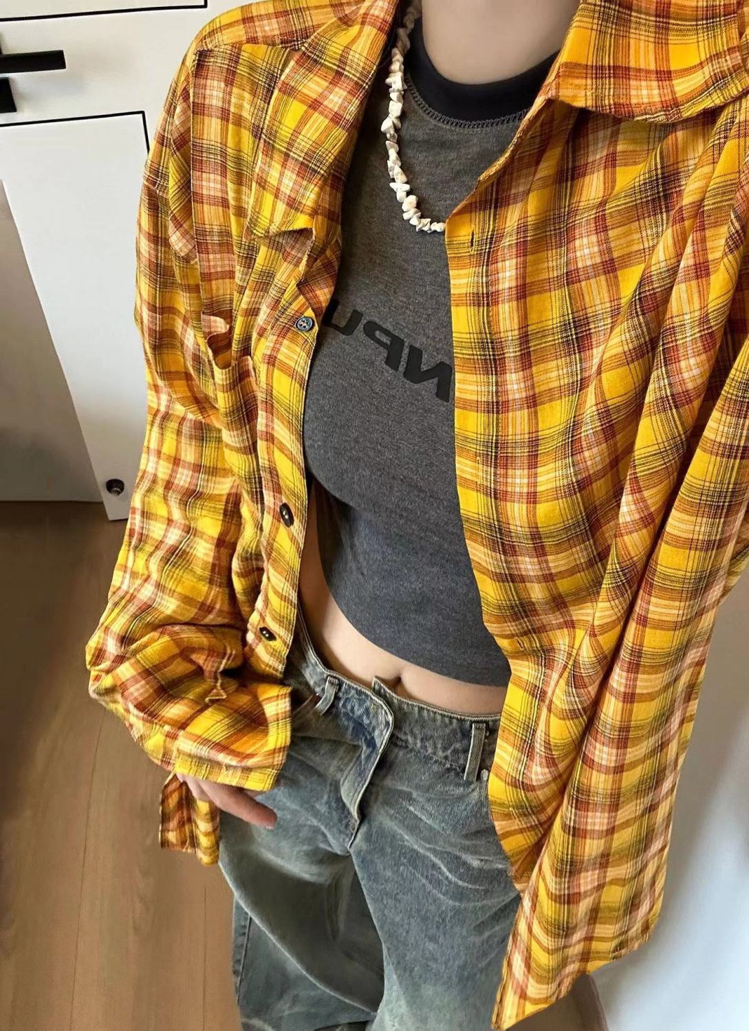 多巴胺复古chic黄色格子衬衫女内搭叠穿宽松慵懒风中长款衬衣外穿
