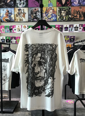 ins超火夏季落肩袖t恤动漫手绘宽松短袖oldSkool街头情侣半袖男