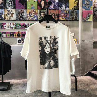 川上富江短袖趣味漫画伊藤润二t恤夏季圆领落肩袖重磅半袖欧美风