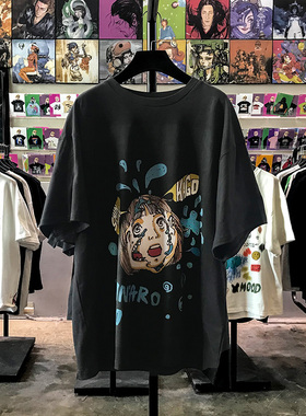 ins超火日漫学生t恤oldSkool夏圆领落肩袖趣味个性短袖重磅五分袖