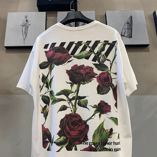 夏季潮牌斑马线玫瑰花T恤情侣男女宽松欧美短袖创意百搭纯棉半袖