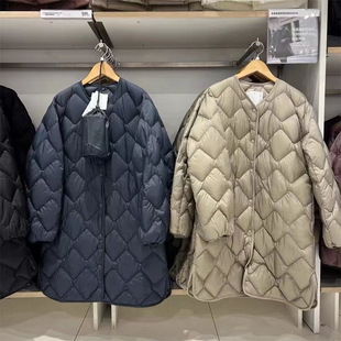 优u衣轻量大码 羽绒服女v领菱形格超轻白鸭绒内胆保暖外套冬 中长款
