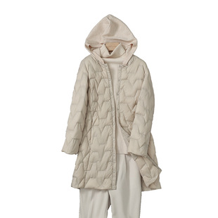 正品针织连帽中长款羽绒服女2023新款时尚轻薄鸭绒内胆修身外套