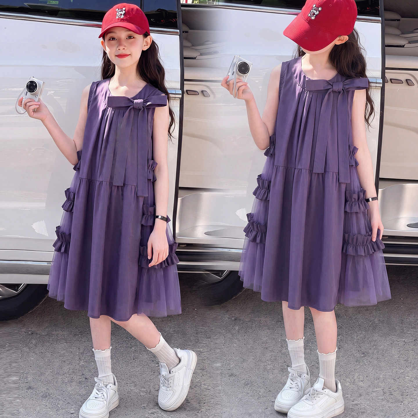 女童无袖网纱连衣裙夏季裙子2026儿童中大童甜美蝴蝶结公主蛋糕裙