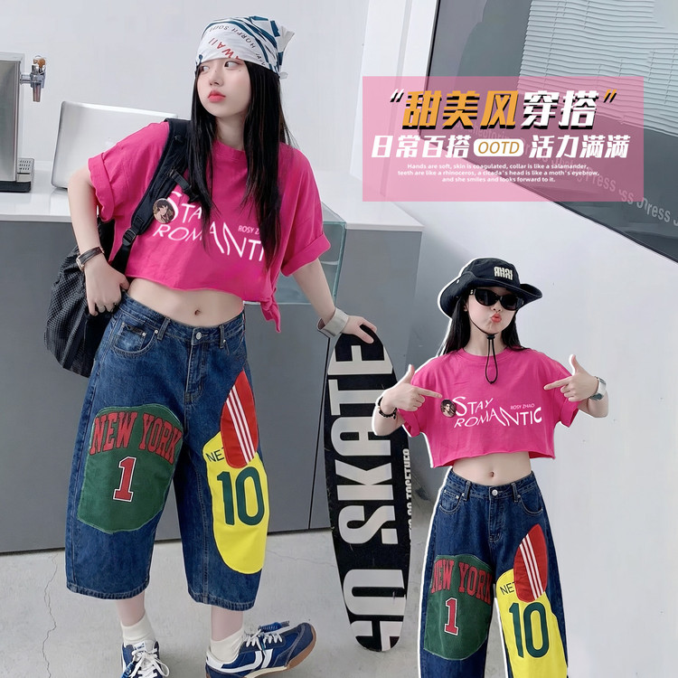 女童夏季牛仔阔腿裤2026新款中大儿童洋气宽松休闲七分裤子两件套图片