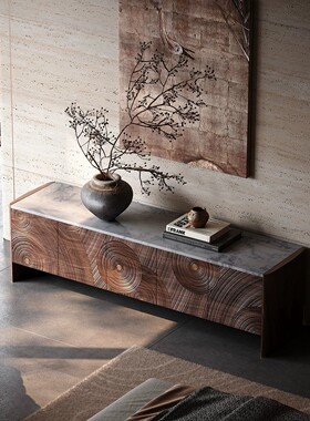 北欧表情黑胡桃木电视柜复古风雕花落地柜中古法式橡木客厅储物柜