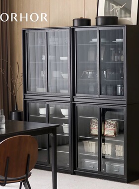 北欧白蜡木餐边柜中古黑色复古风玄关柜储物收纳茶水柜玻璃移门柜