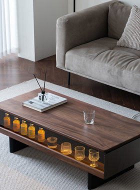 北美黑胡桃木茶几实木岩板现代中古黑色长方形客厅茶桌家用小户型