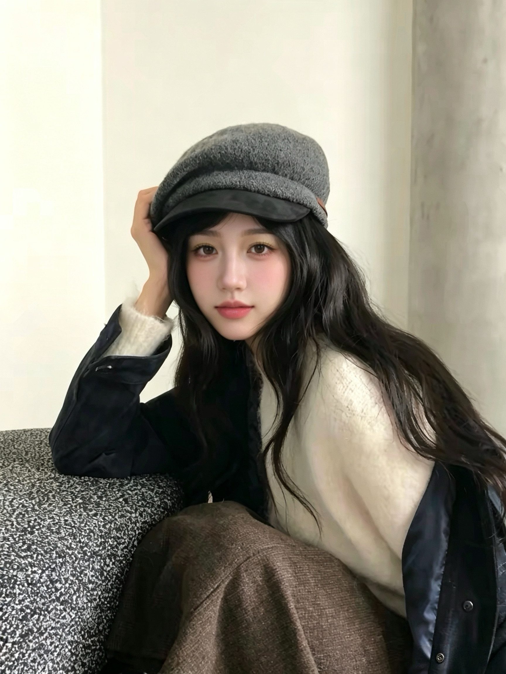 ourmoon~灰色针织鸭舌贝雷帽女2026新款秋冬显脸小帽子保暖报童帽