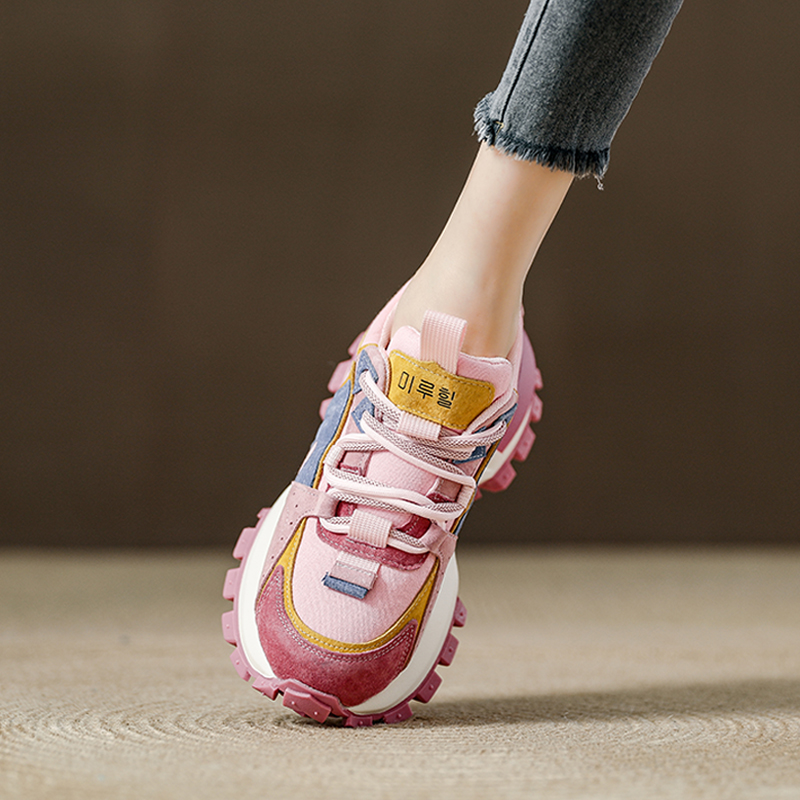 西班牙小众品牌ONGYSL拼色时尚真皮老爹鞋女厚底增高软底运动鞋女