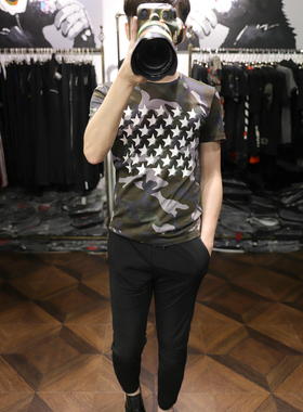 夏季街潮主流迷彩前后星星蝴蝶印花优质丝光棉修身圆领短袖T恤男