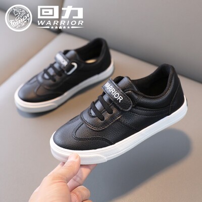 回力儿童鞋板鞋童鞋春秋季皮面防水男童女童黑色魔术贴学生休闲鞋