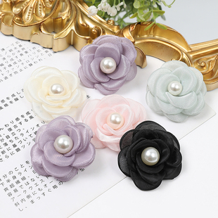 DIY头饰半成品 辅料 5CM纱花花头带珍珠 立体布艺仿真山茶花 服装